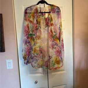 Johnny Was Sheer Floral Peasant Blouse - Multicolor